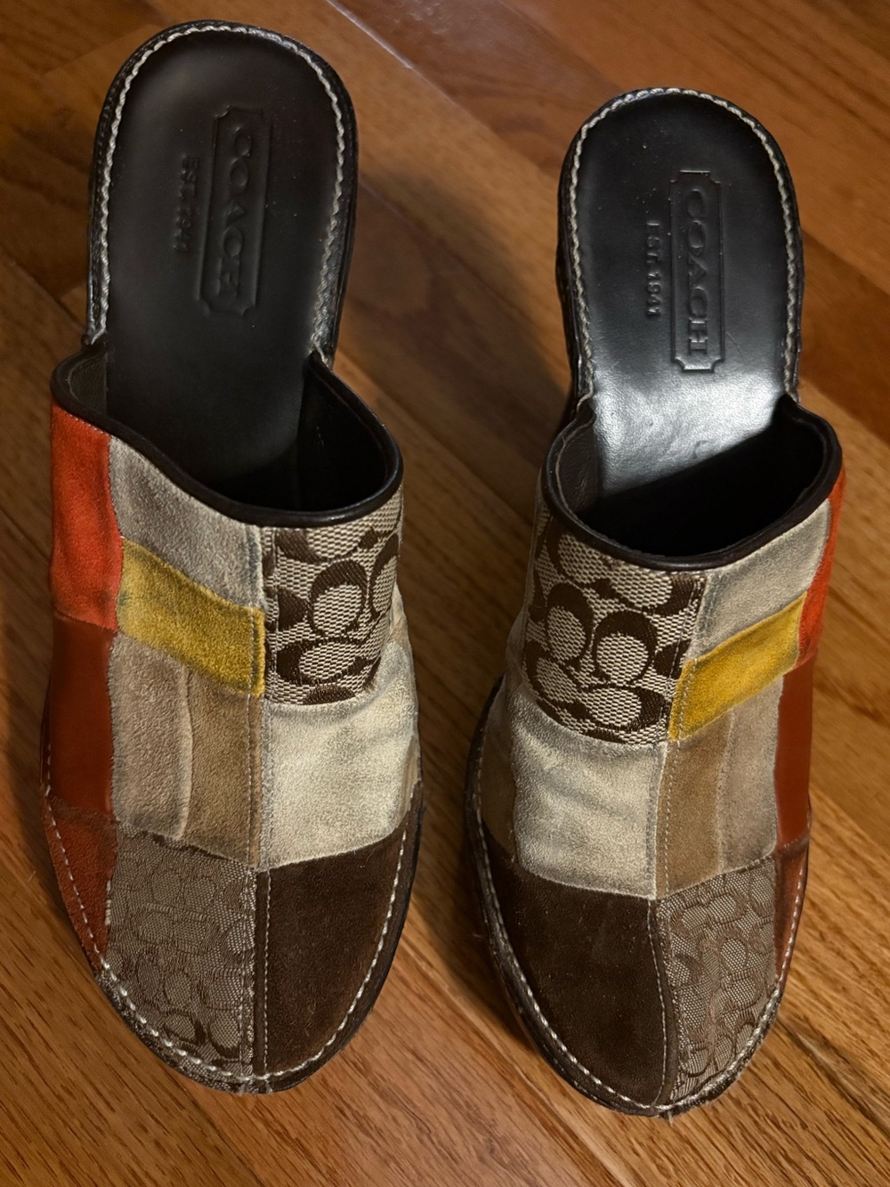 Coach Patchwork Slip-On Mules in Brown, Tan, Cream and Orange Suede Accents